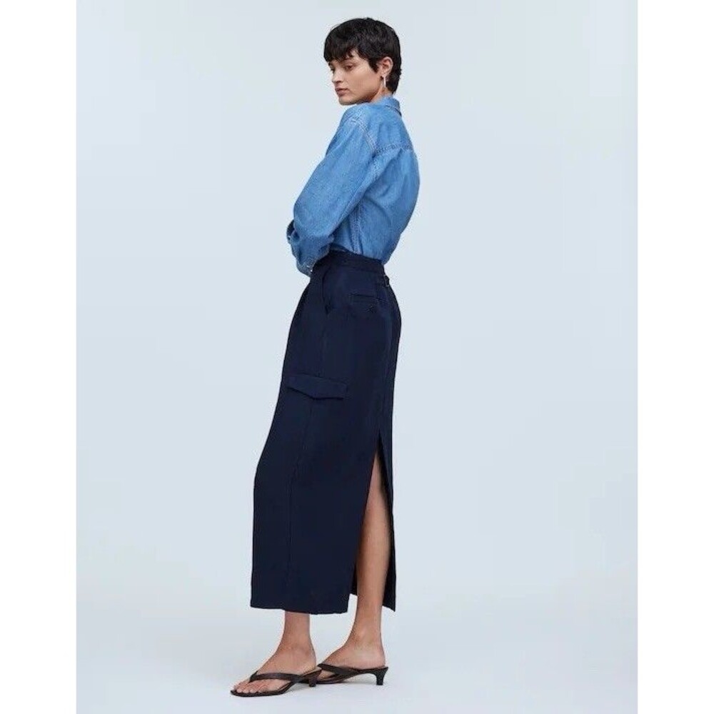 NWT $138 Madewell Pleated High-Waist Cargo Midi Skirt Deep Indigo Sz 4 Linen